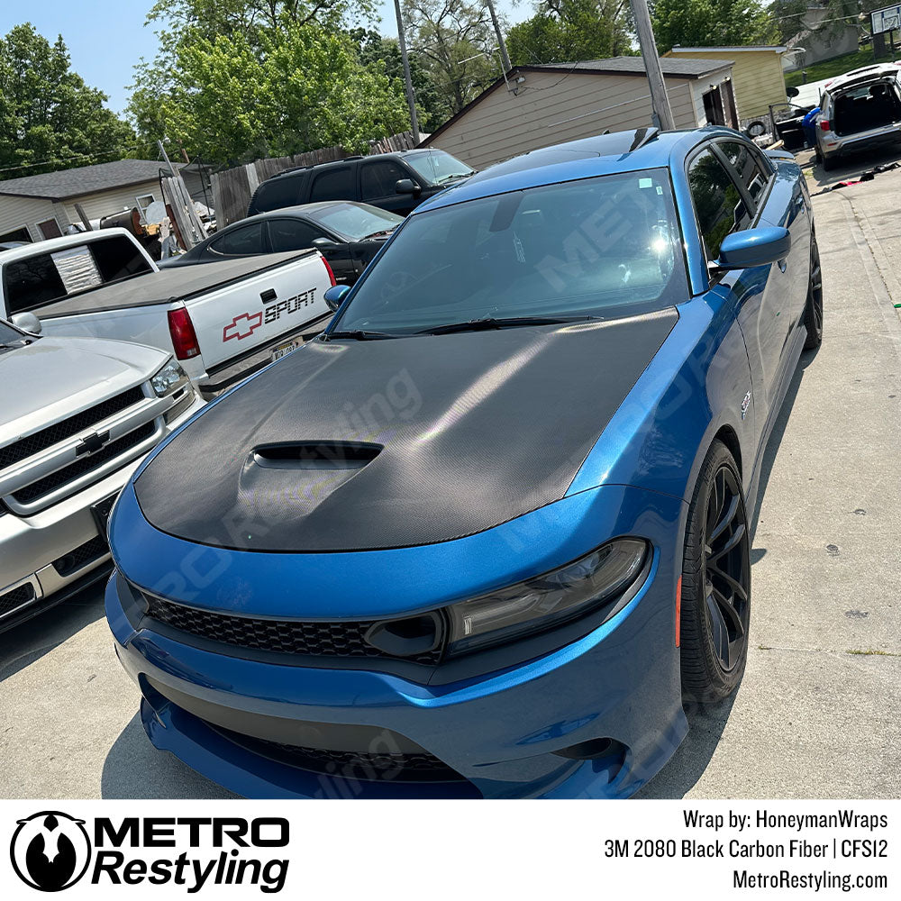 Black Carbon Fiber Dodge Charger Hood Vinyl Wrap