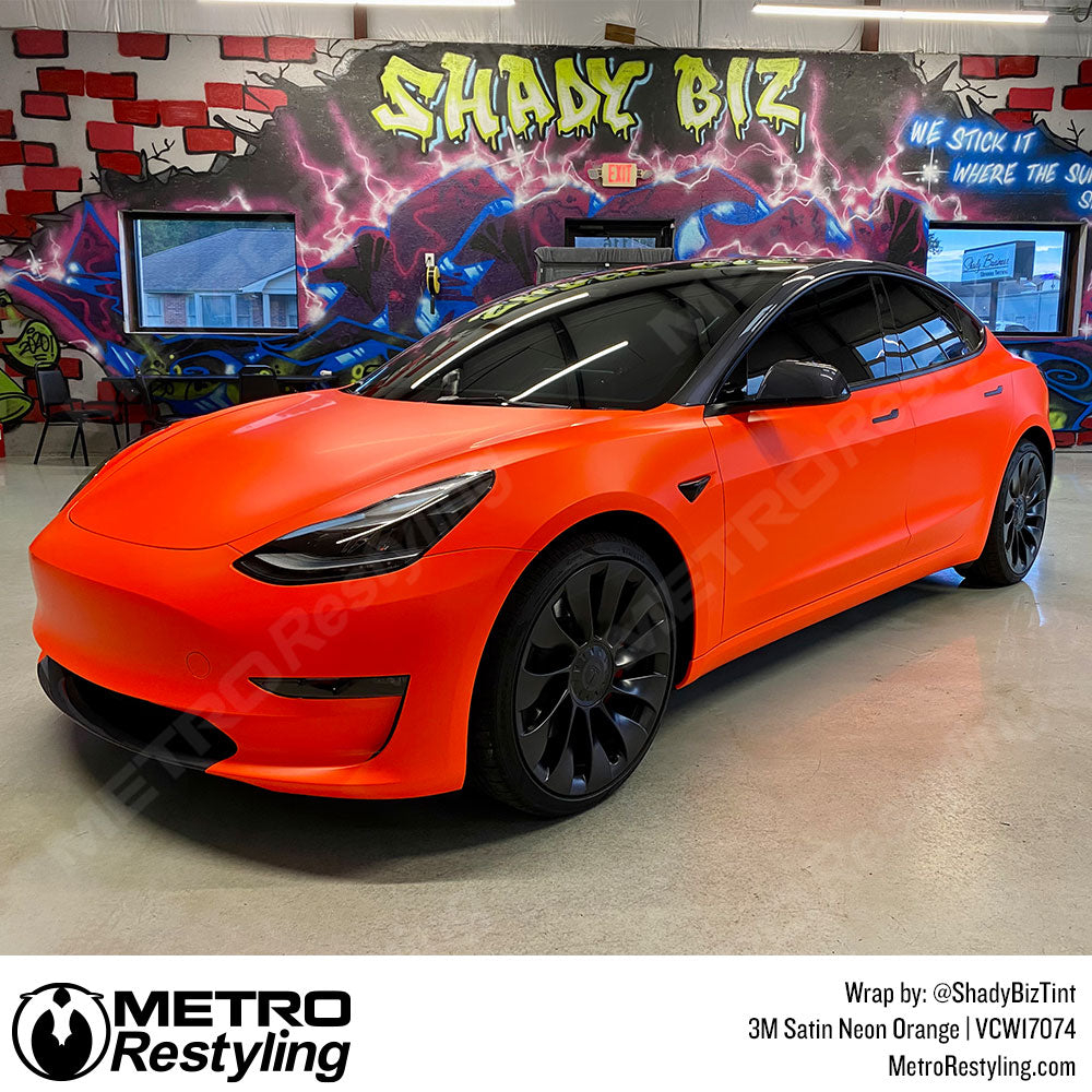 Satin neon orange tesla vinyl wrap