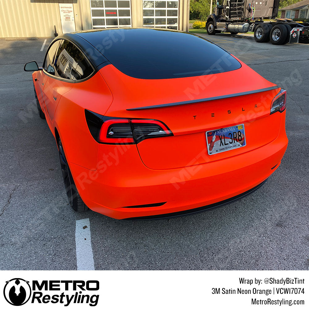 Satin neon orange tesla model vinyl wrap