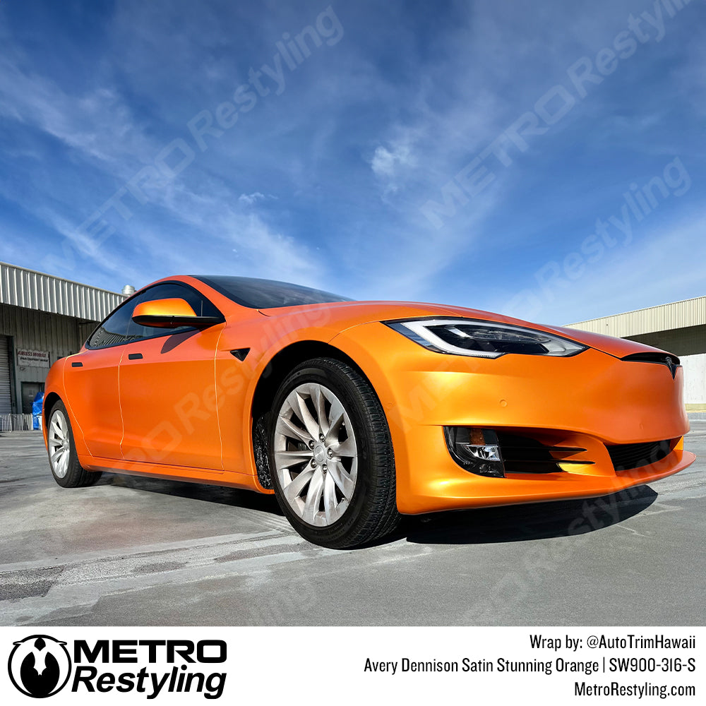 Satin Stunning Orange Tesla Model S Vinyl Wrap