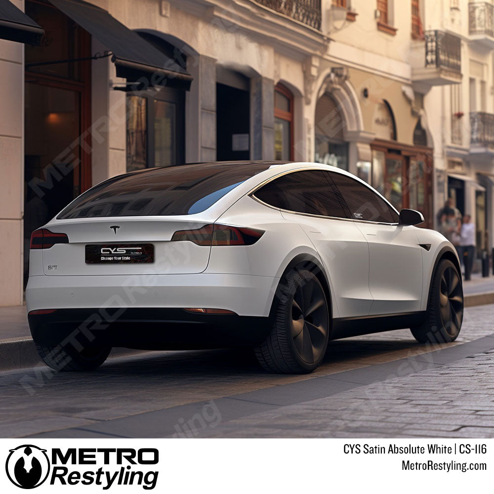white satin tesla vinyl wrap