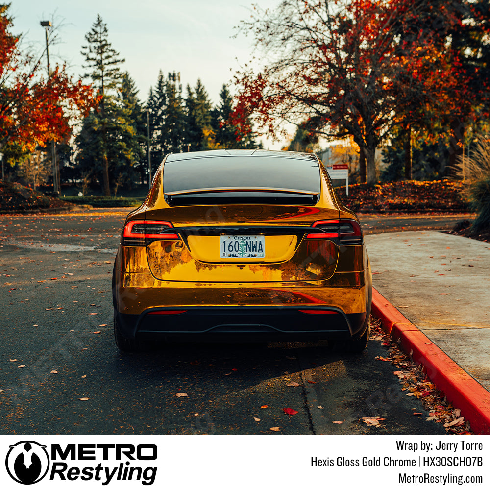 Gloss Gold Chrome Tesla Model X Vinyl Wrap