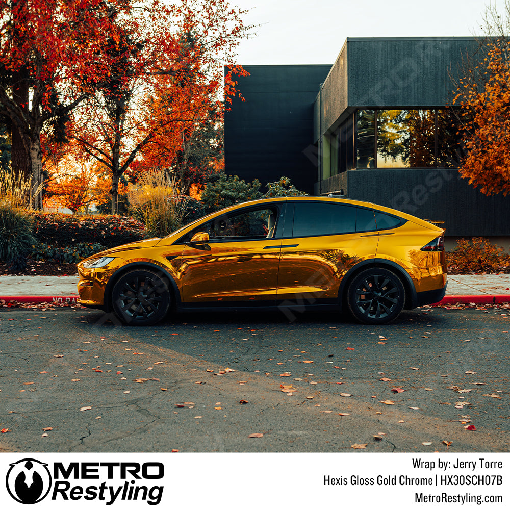 Gloss Gold Chrome Tesla Model X Vinyl Wrap
