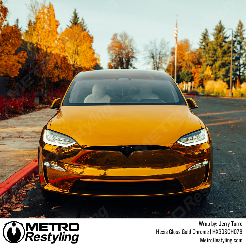 Gloss Gold Chrome Tesla Model X Vinyl Wrap
