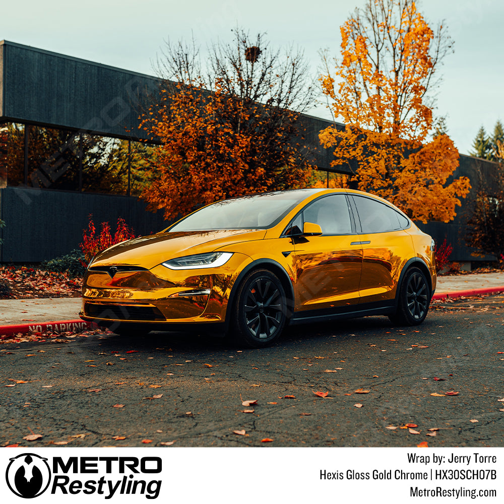 Gloss Gold Chrome Tesla Model X Vinyl Wrap