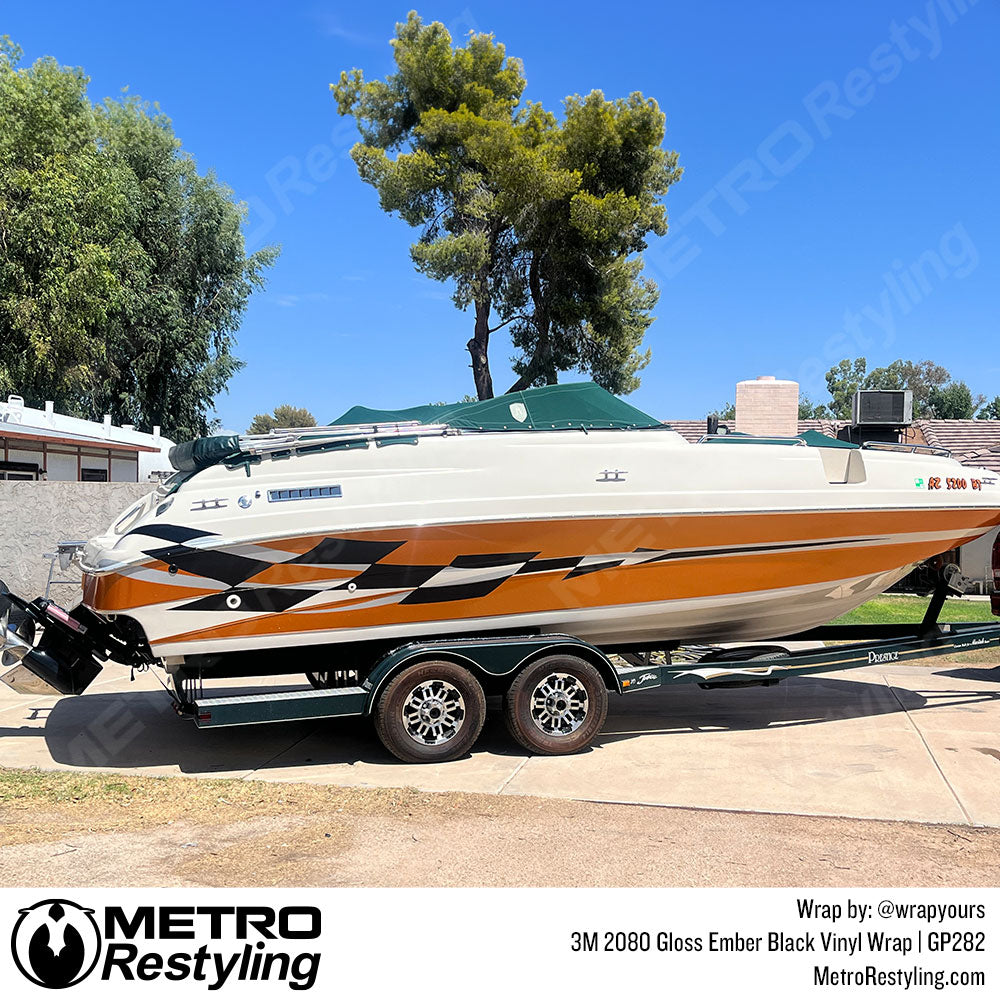 black checkered boat vinyl wrap