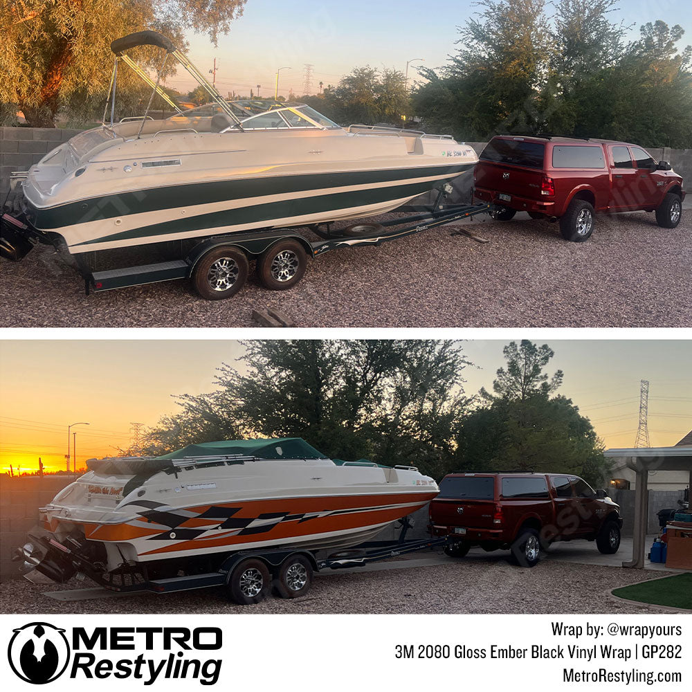 black checkered vinyl boat wrap