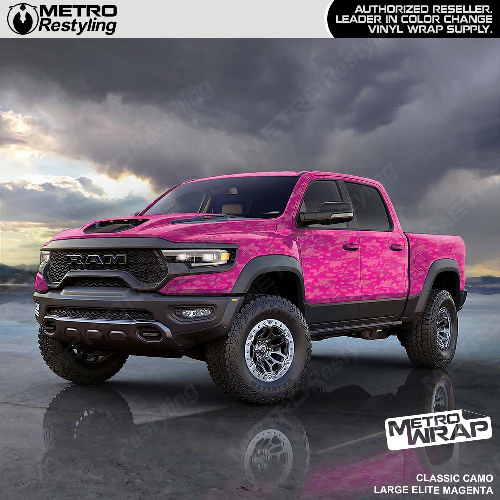 magenta camo truck wrap