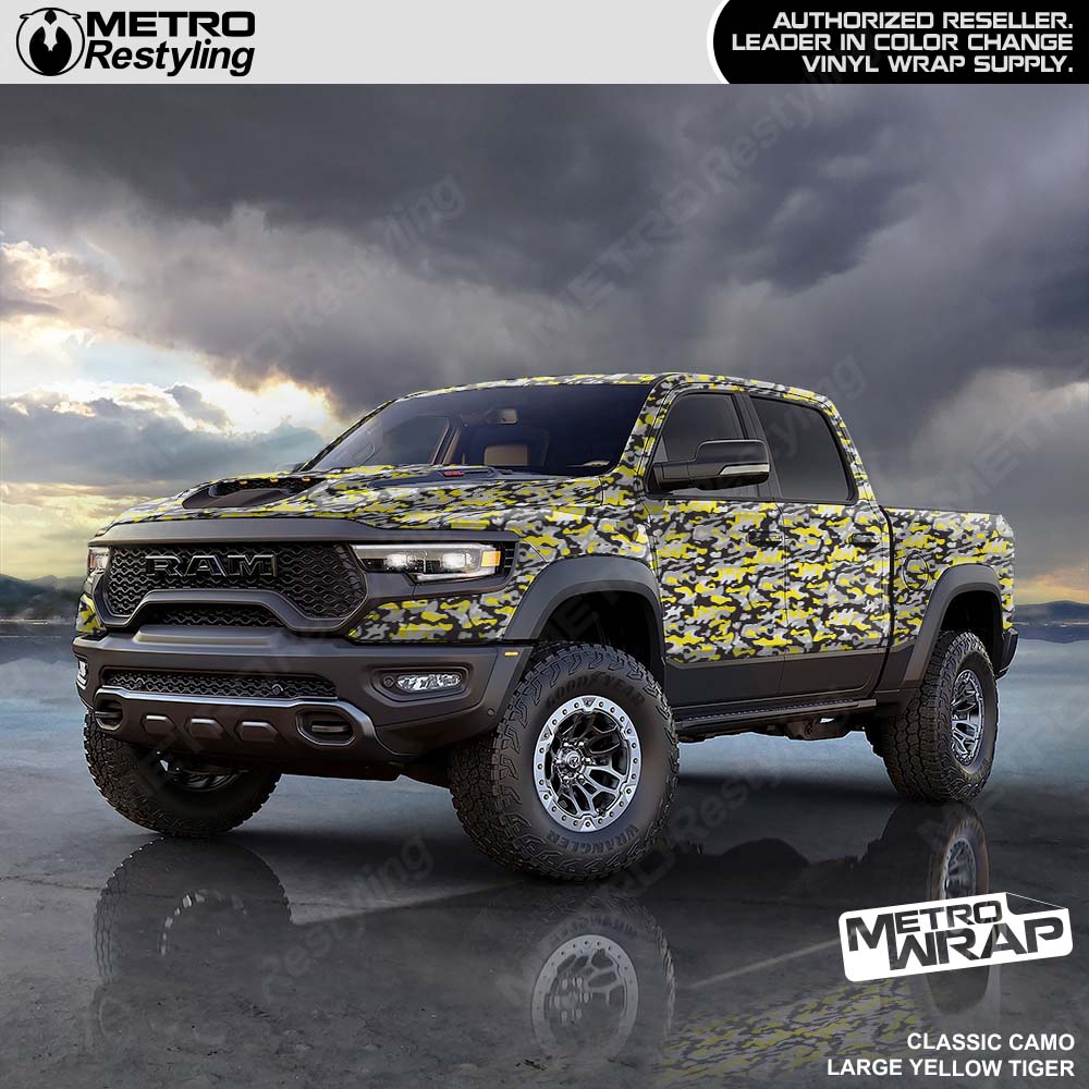 yellow tiger camo truck wrap