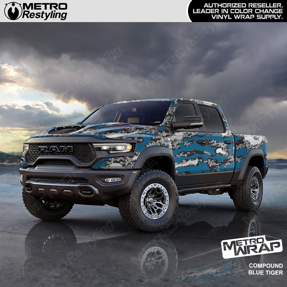 Compound Blue Tiger Camo vinyl truck wrap