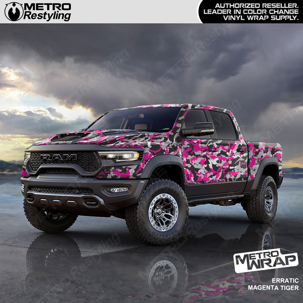 magenta tiger camo vinyl truck wrap
