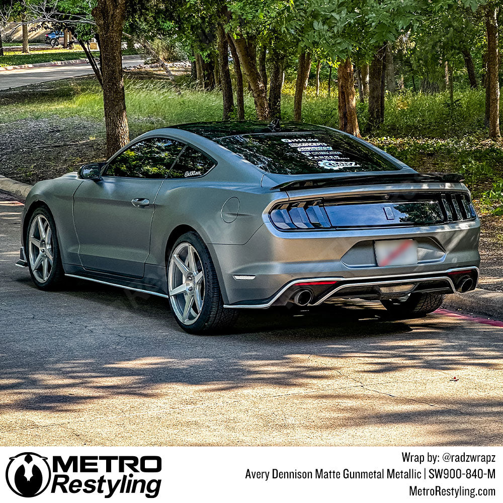 matte gunmetal vinyl wrapped ford mustang