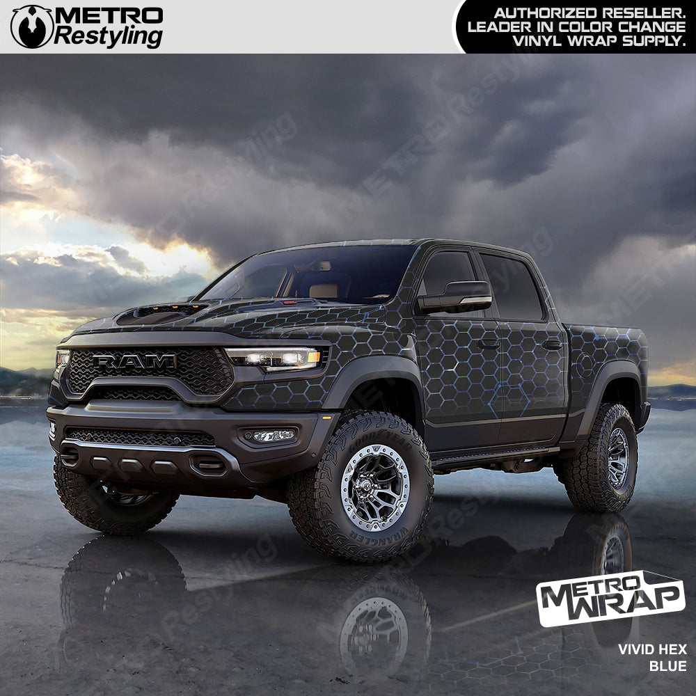 vivid hex blue camo vinyl truck wrap