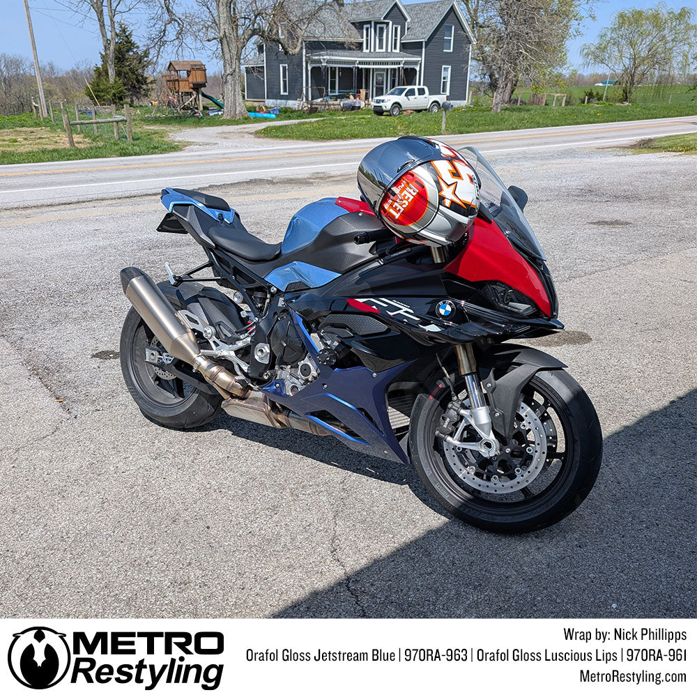 motorcycle with red and blue wrap