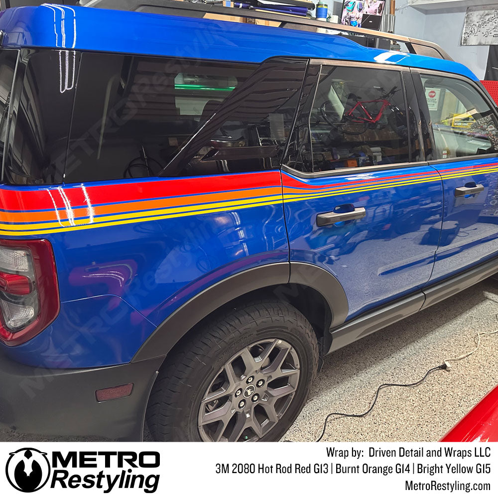 bronco with red orange yellow vinyl wrap stripes