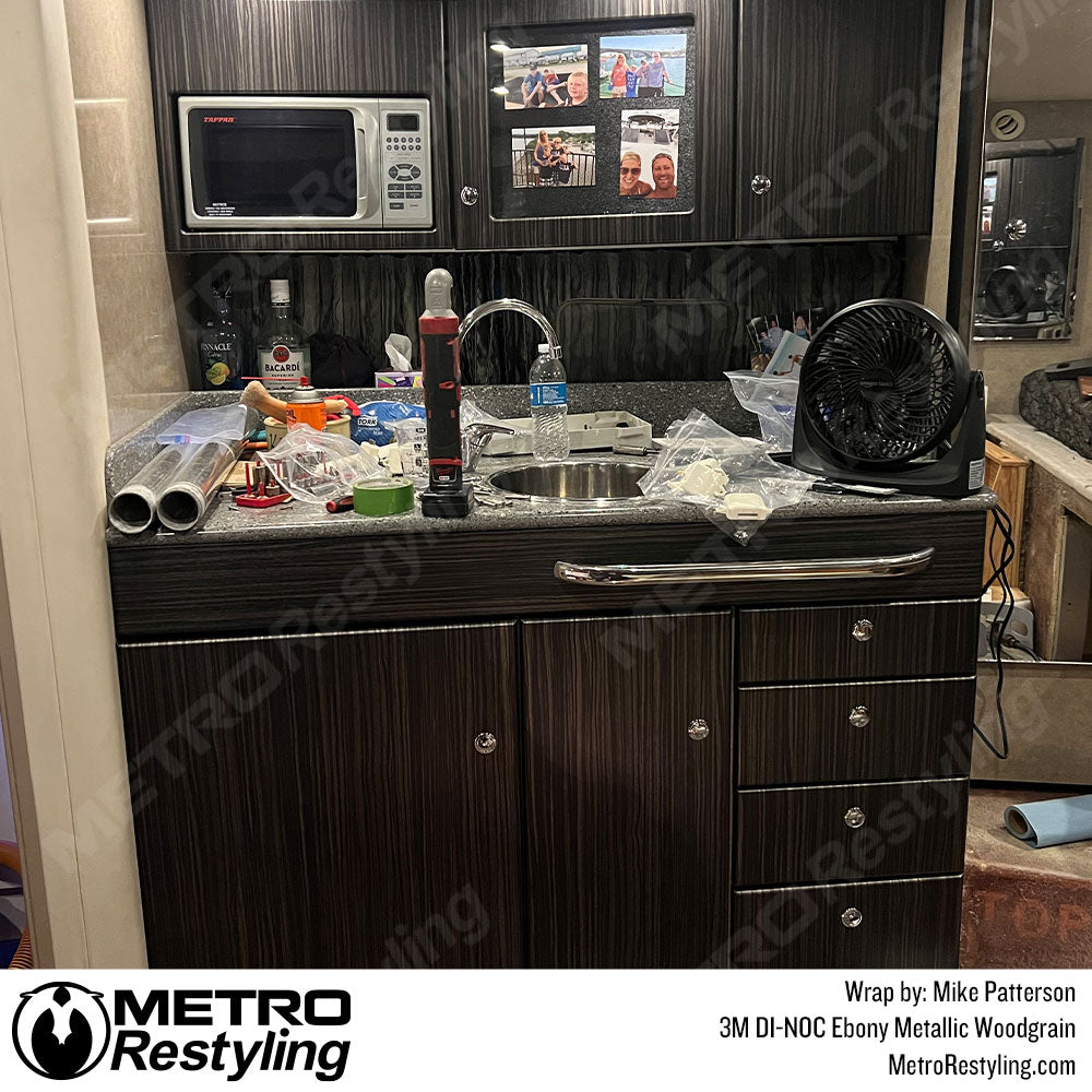 black wood grain cabinet wrap