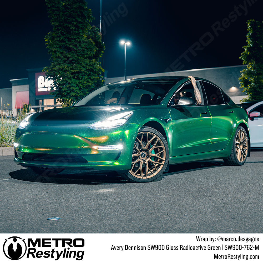 tesla with green wrap