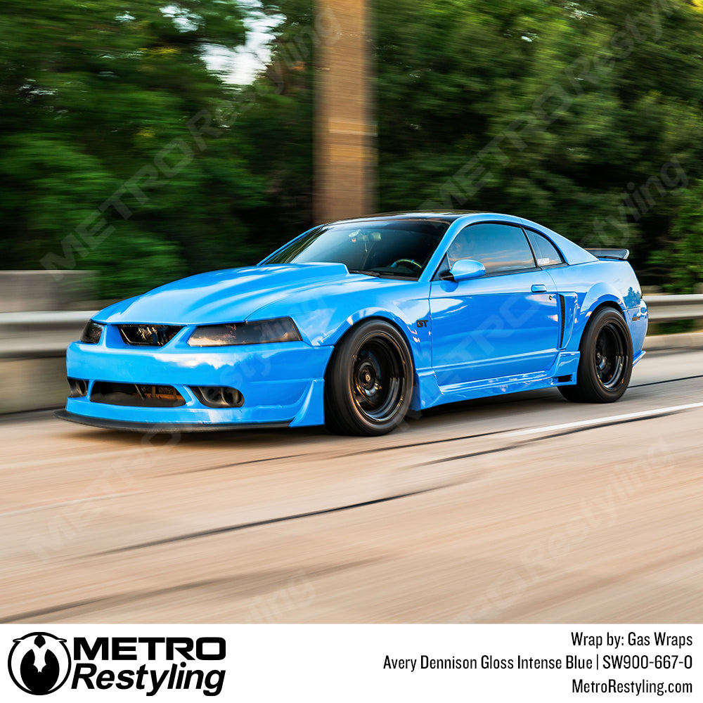 glossy blue mustang wrap