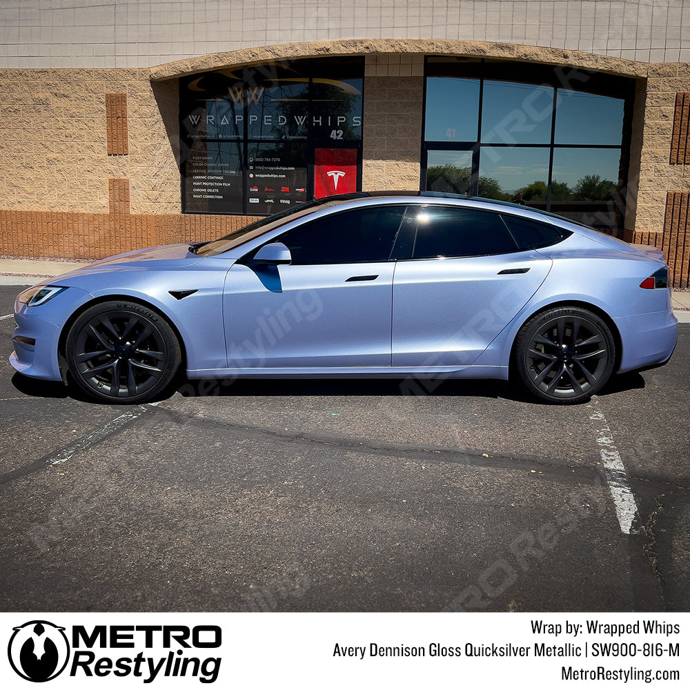 silver metallic tesla model S wrap
