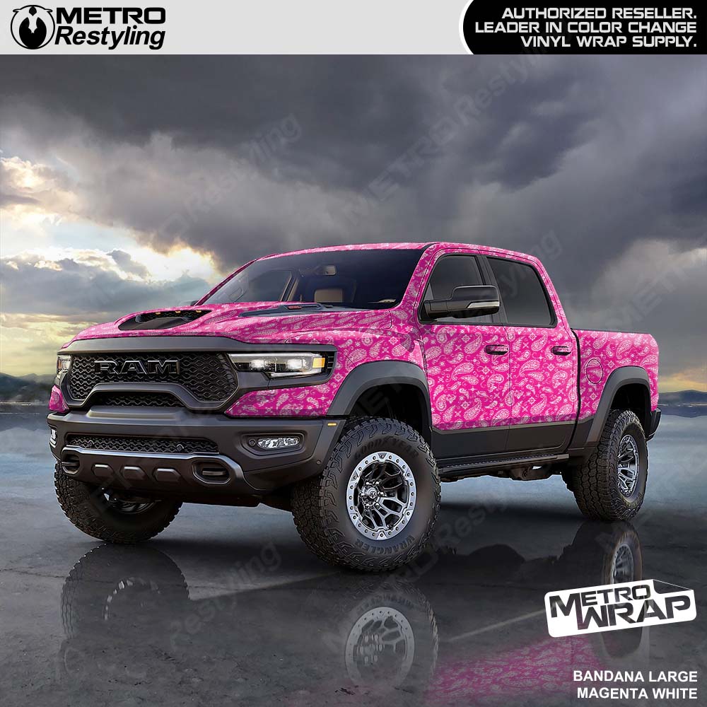 magenta and white bandana truck wrap
