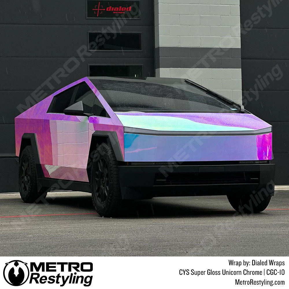 super gloss unicorn chrome cybertruck vinyl wrap