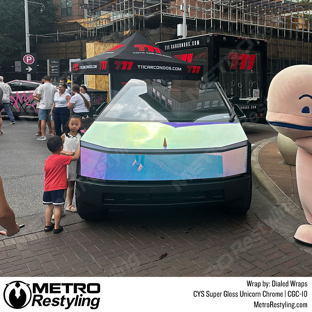 cybertruck wrapped in glossy chrome