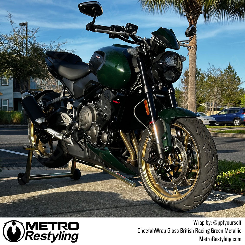 british racing green motorcycle wrap