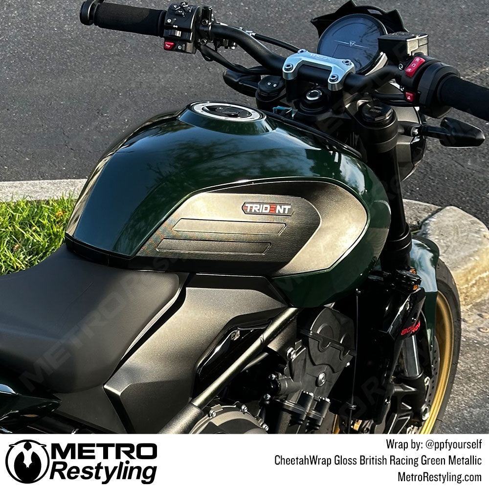 british racing green motorcycle wrap
