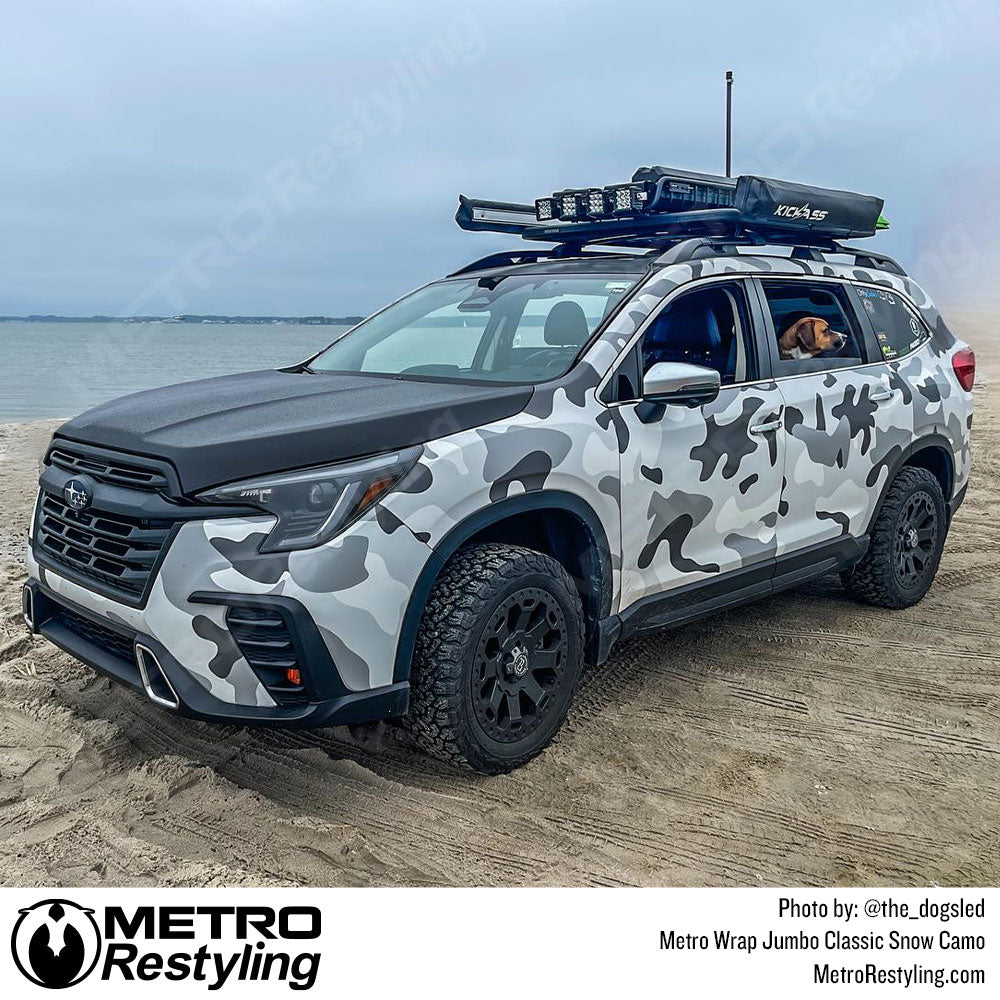 subaru with snow white camo vinyl wrap