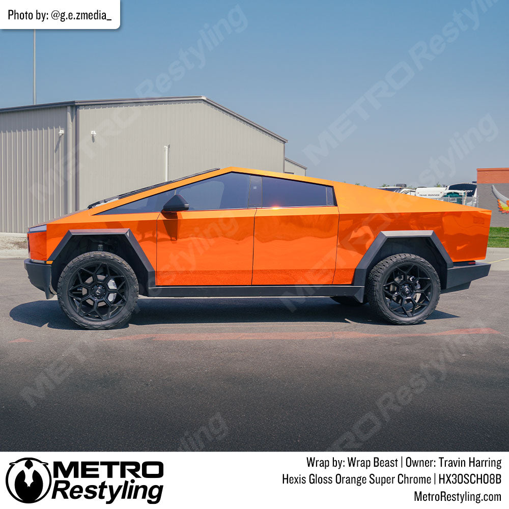 orange chrome cybertruck wrap
