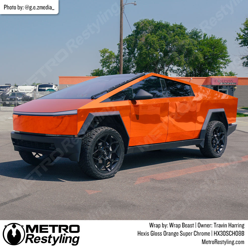 orange chrome cybertruck wrap