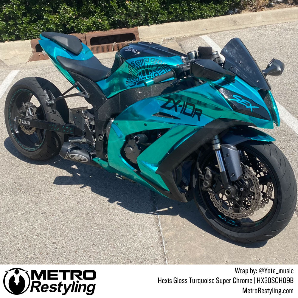teal chrome motorcycle wrap