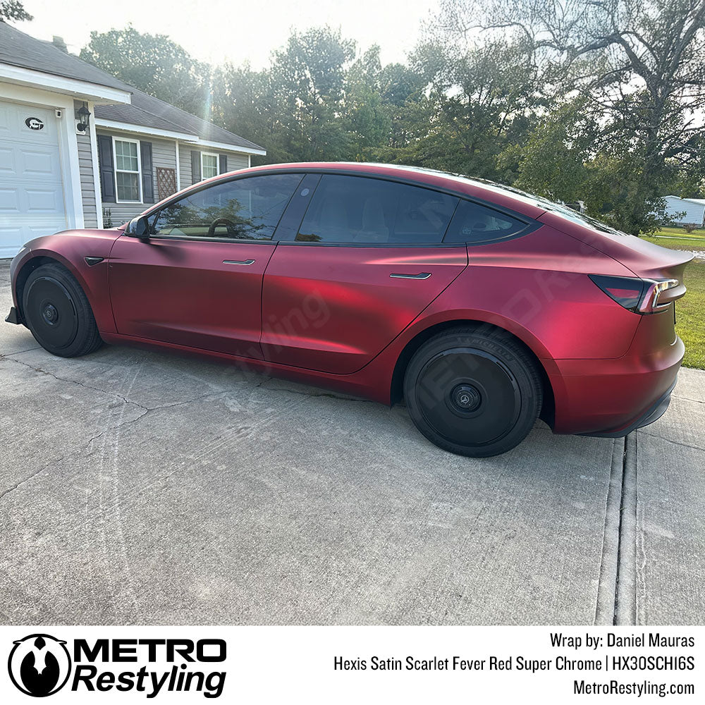 Hexis Satin Scarlet Fever Red Super Chrome Tesla Wrap