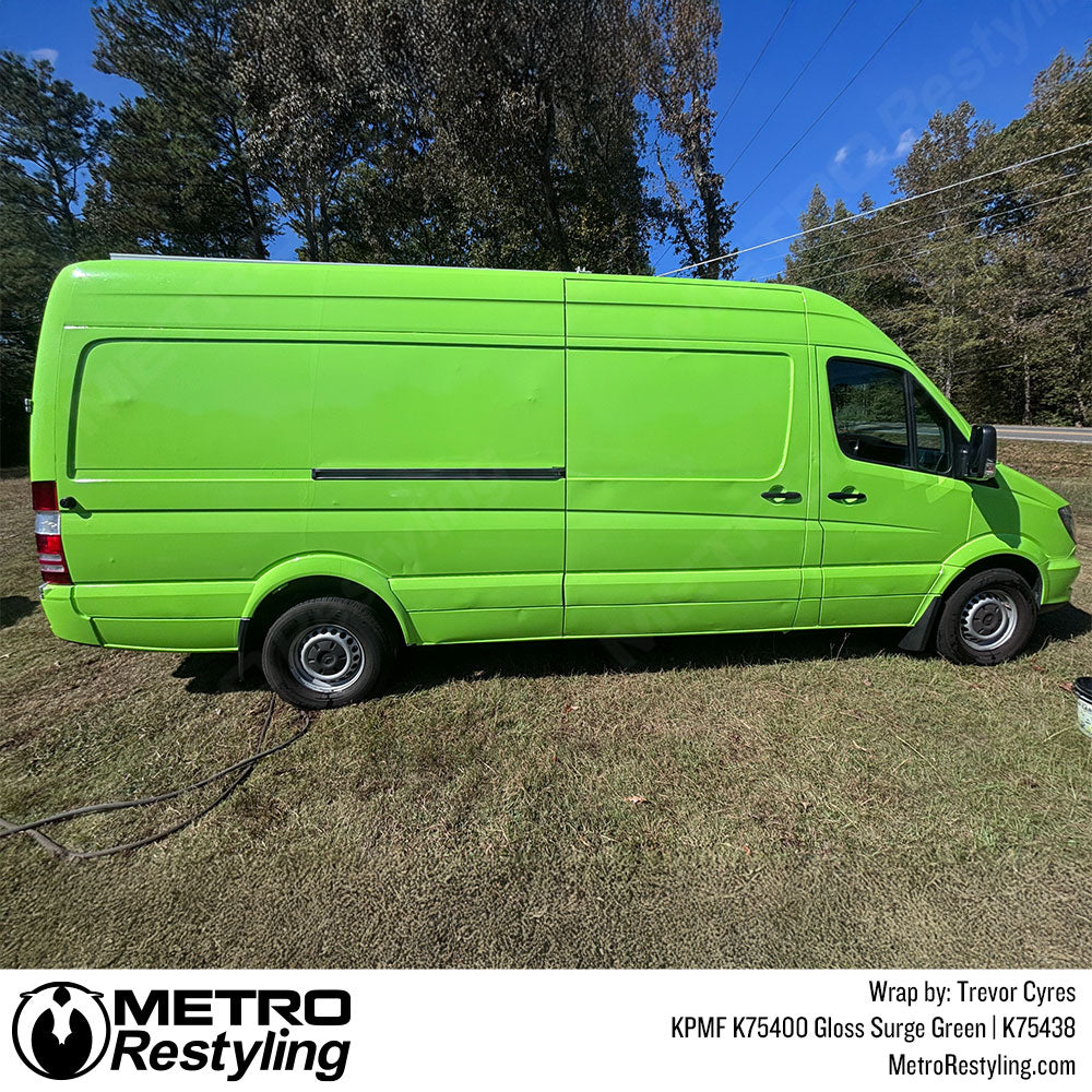 van with green color vinyl wrap