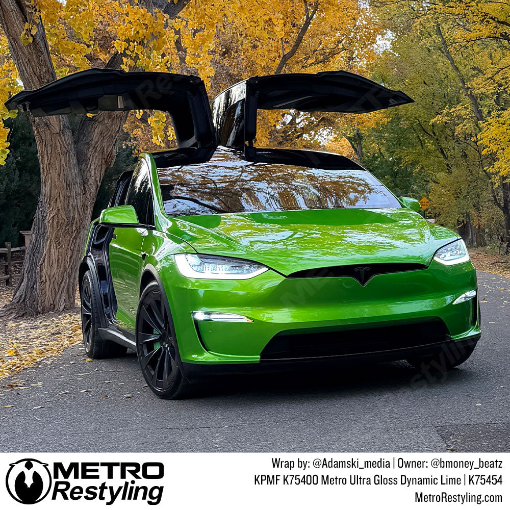 tesla with bright green wrap