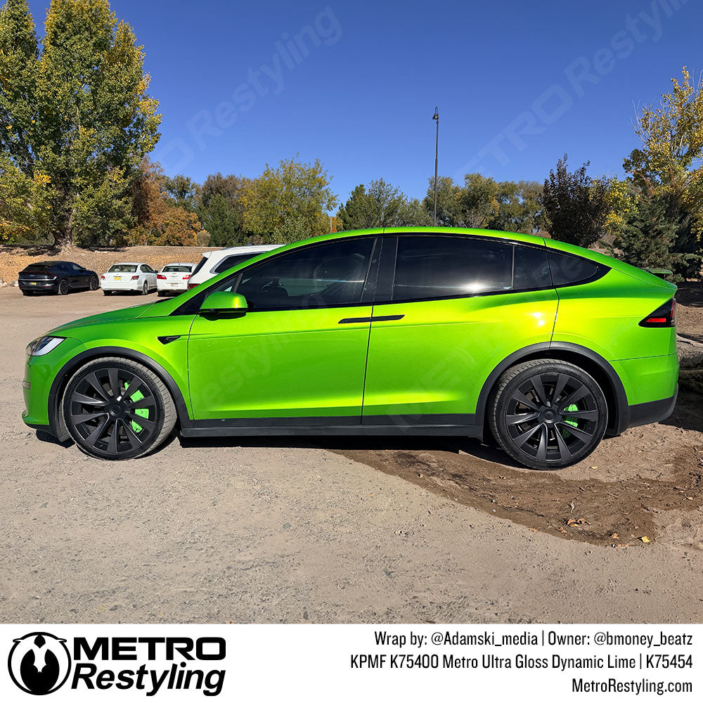 tesla with bright green wrap