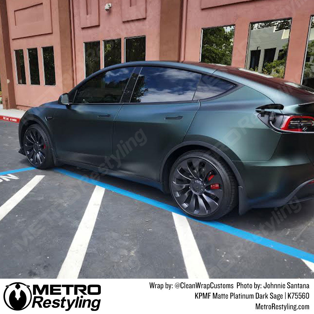 Matte Platinum Dark Sage Vinyl Wrapped Tesla Y