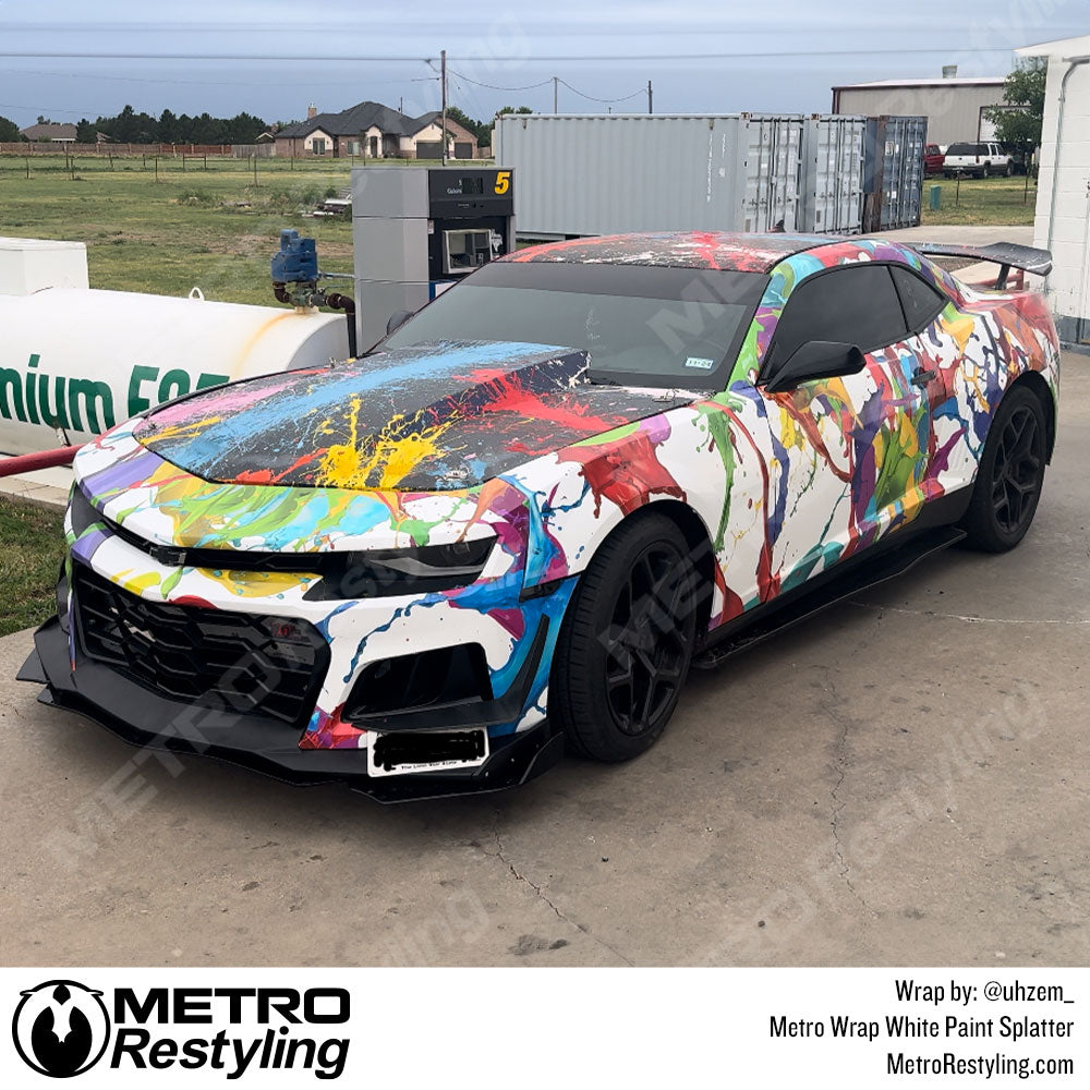 white paint splatter camaro wrap