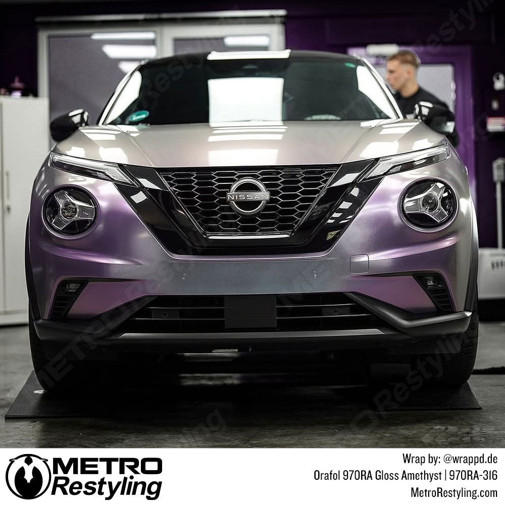 Nissan with purple pink color change vinyl wrap