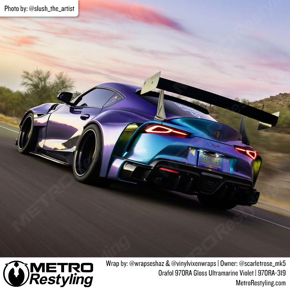 car with blue purple wrap