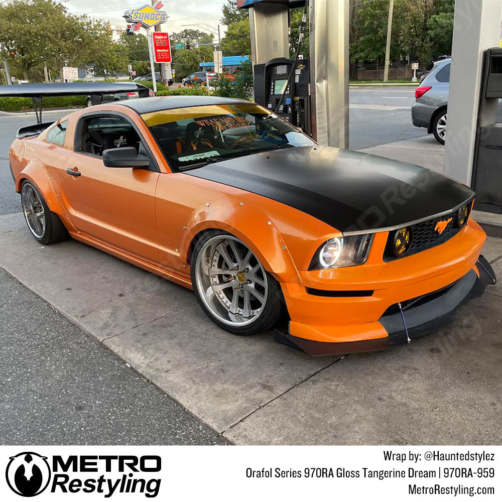 Bright Orange Vinyl Wrapped Ford Mustang