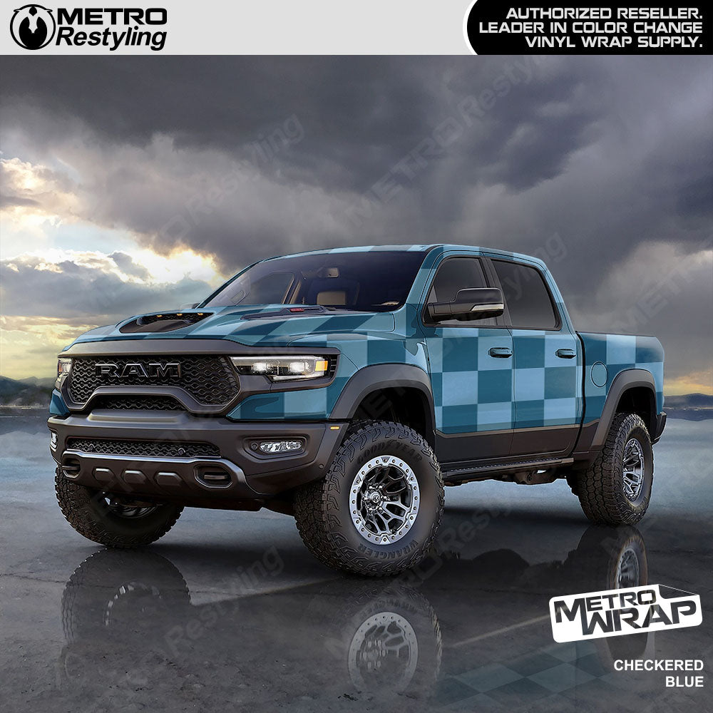 Jumbo Checkered Blue checkered vinyl wrap - vehicle wrap preview with jumbo checkerboard pattern