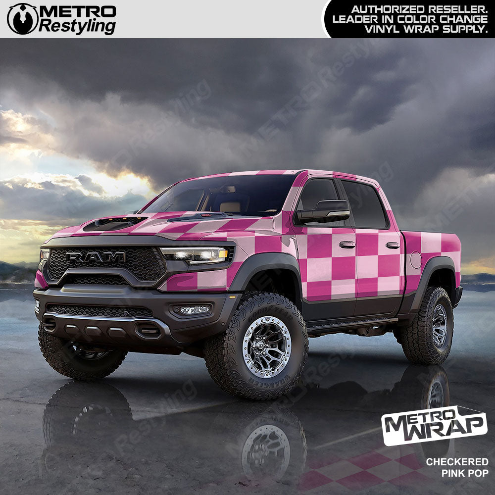 Jumbo Checkered Pink Pop checkered vinyl wrap - vehicle wrap preview with jumbo checkerboard pattern
