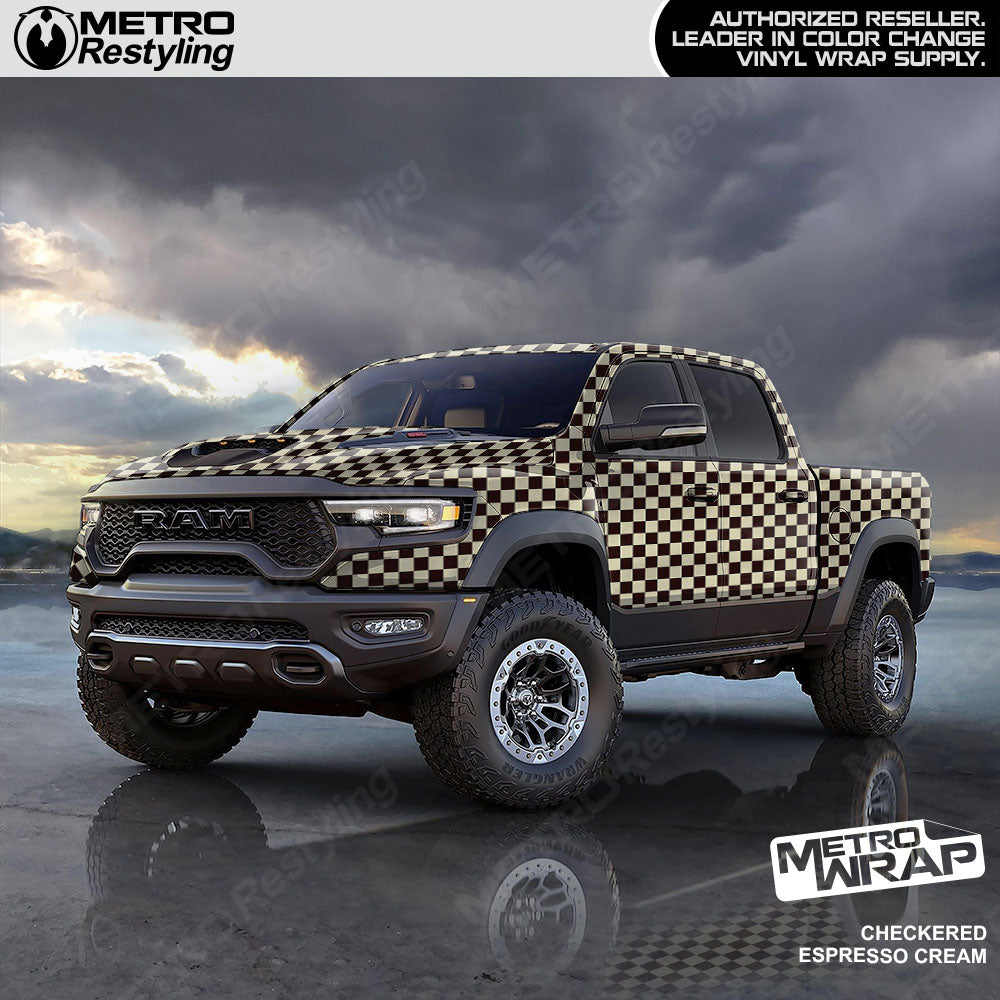 Large Checkered Espresso Cream checkered vinyl wrap - vehicle wrap preview with large checkerboard pattern