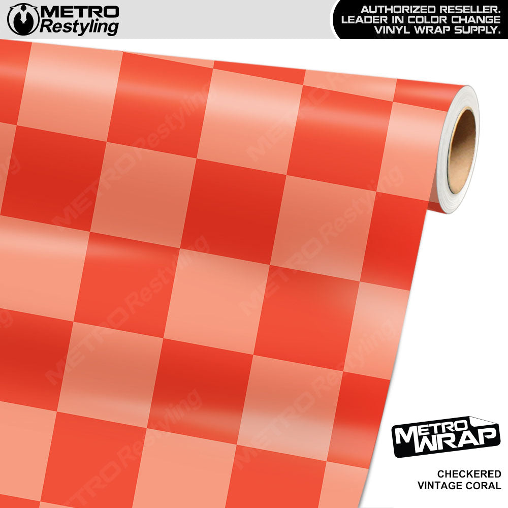 Jumbo Checkered Vintage Coral checkered vinyl wrap - vinyl film pattern swatch with jumbo checkerboard pattern