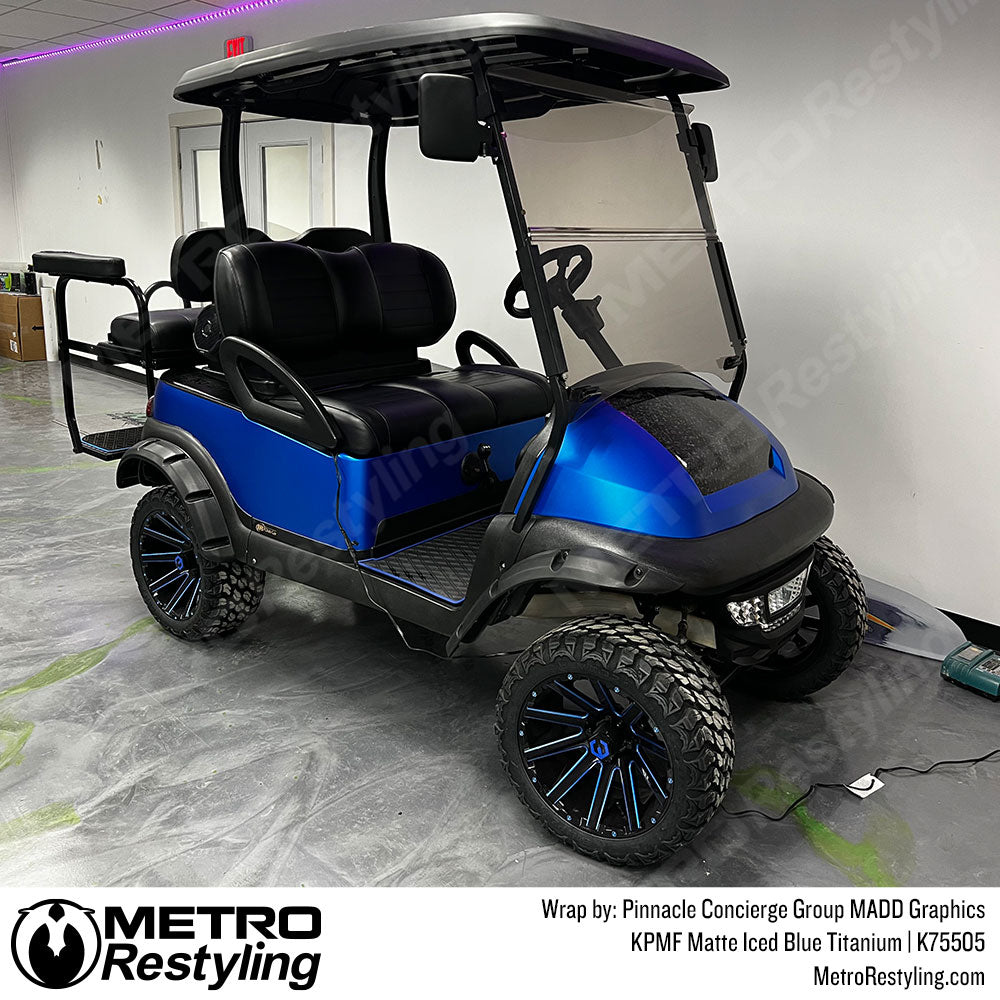 matte blue golf car vinyl wrap
