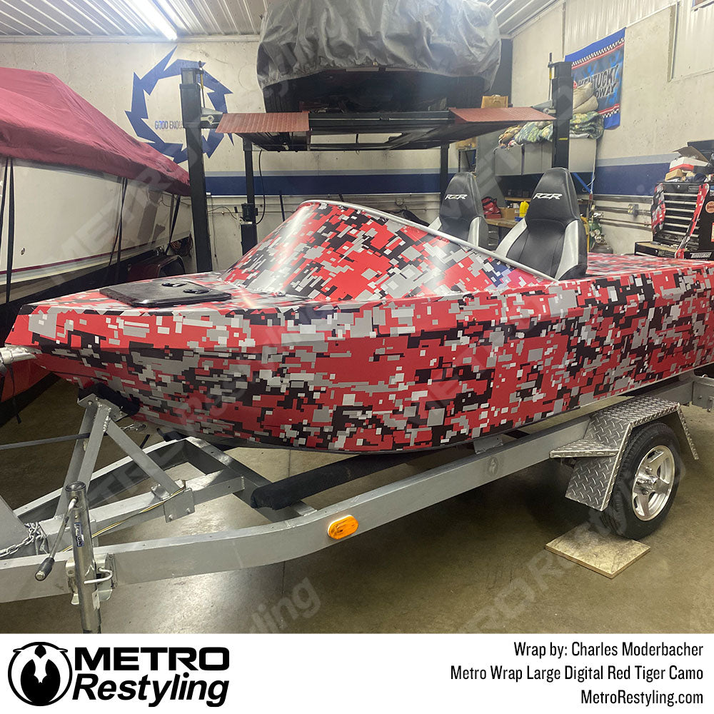 Digital camo red boat vinyl wrap
