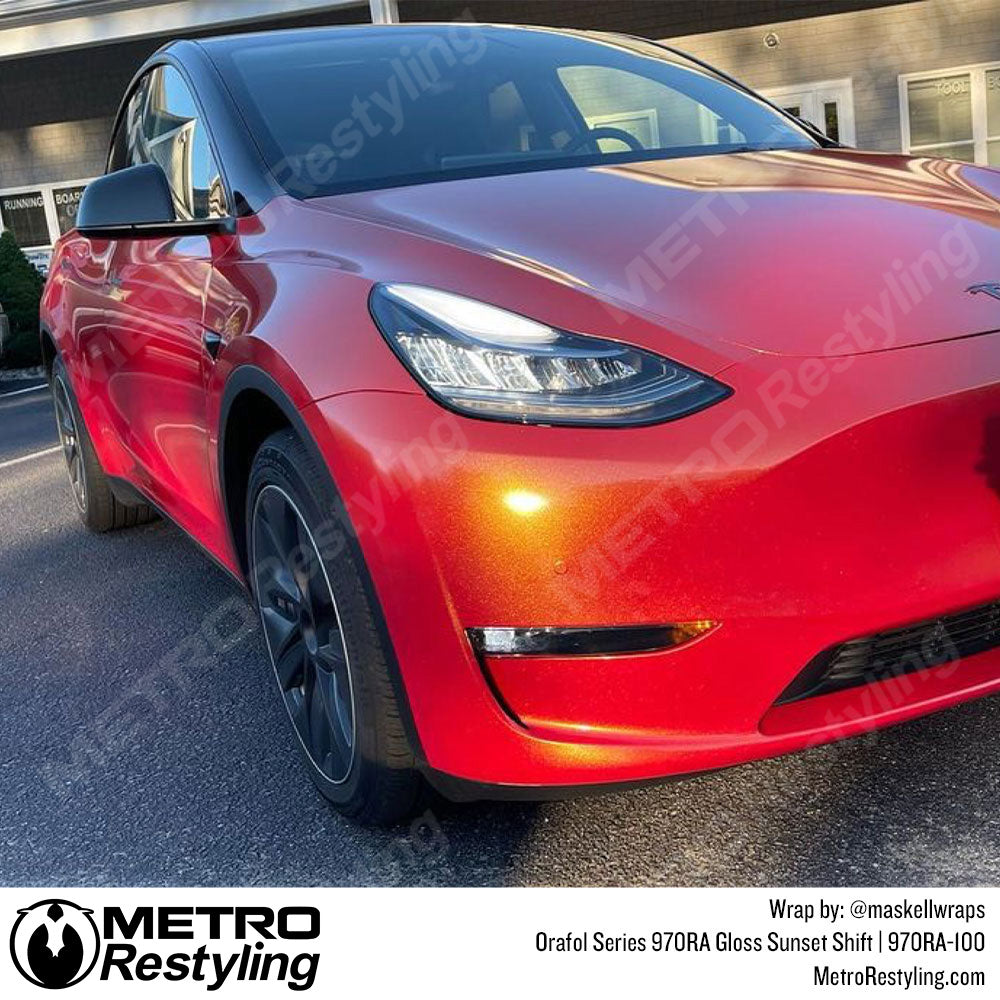 Glossy red shift tesla wrap