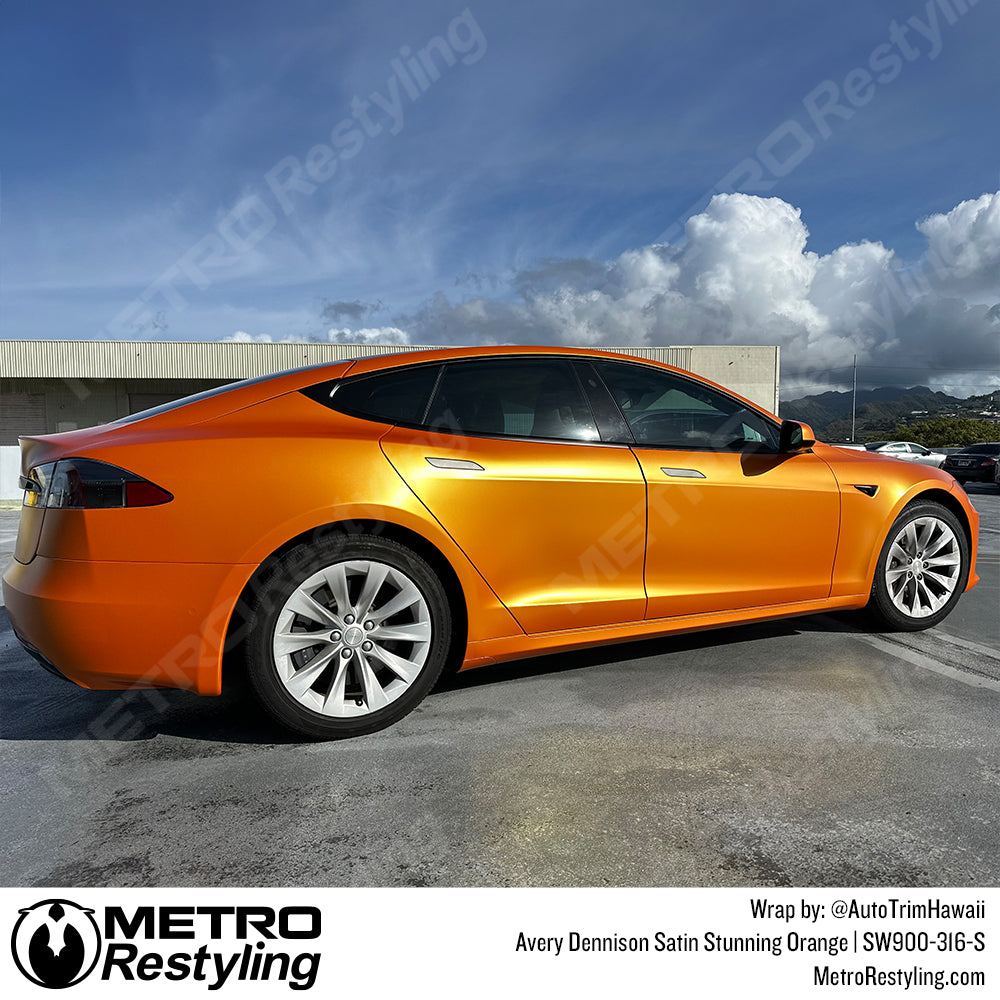 Satin Stunning Orange Tesla Model S Vinyl Wrap