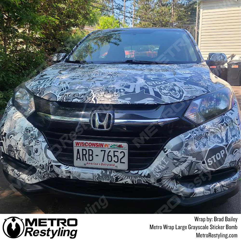 Grayscale Sticker bomb car wrap